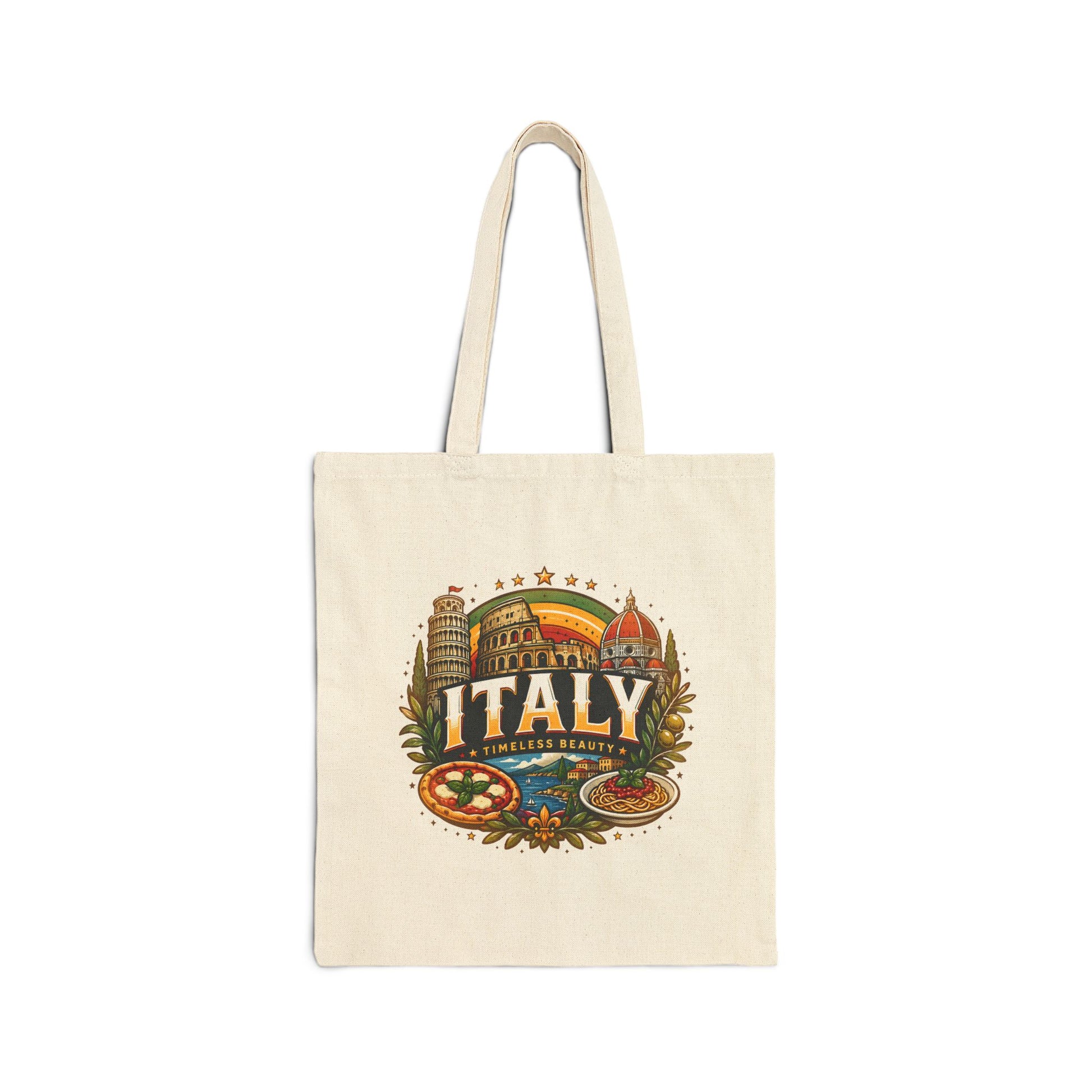 Natural canvas travel tote bag with “Italy” colorful vintage landmark graphic