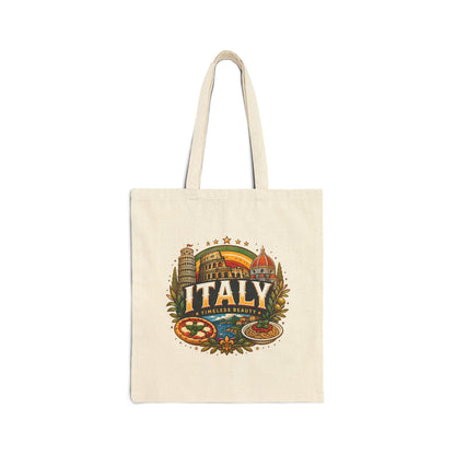 Natural canvas travel tote bag with “Italy” colorful vintage landmark graphic