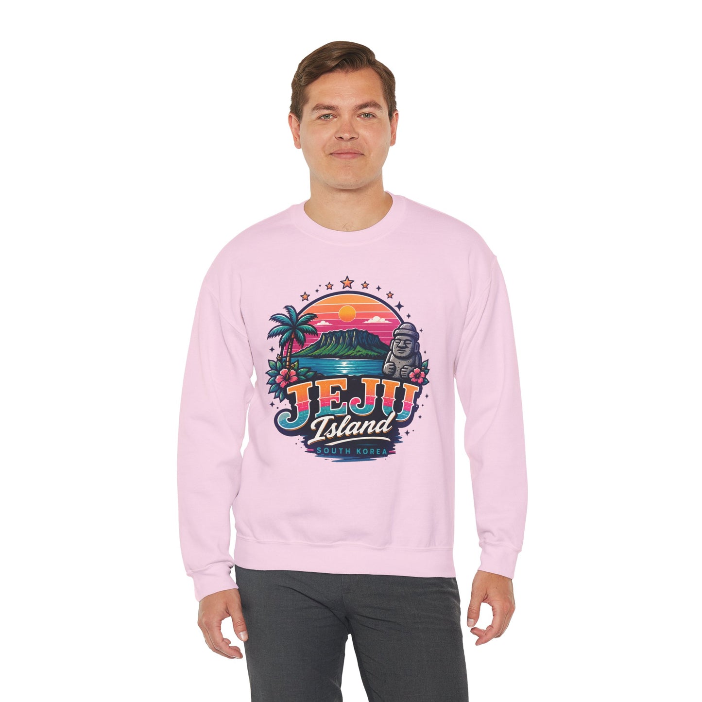 Light pink graphic sweatshirt with colorful JEJU Island front print