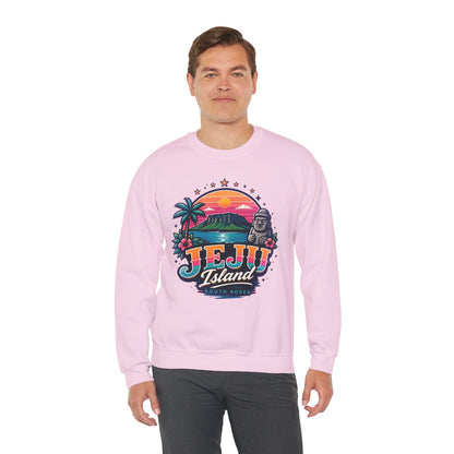 Light pink graphic sweatshirt with colorful JEJU Island front print