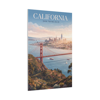 Golden Gate Bridge canvas wall art with “California” header and city skyline over bay