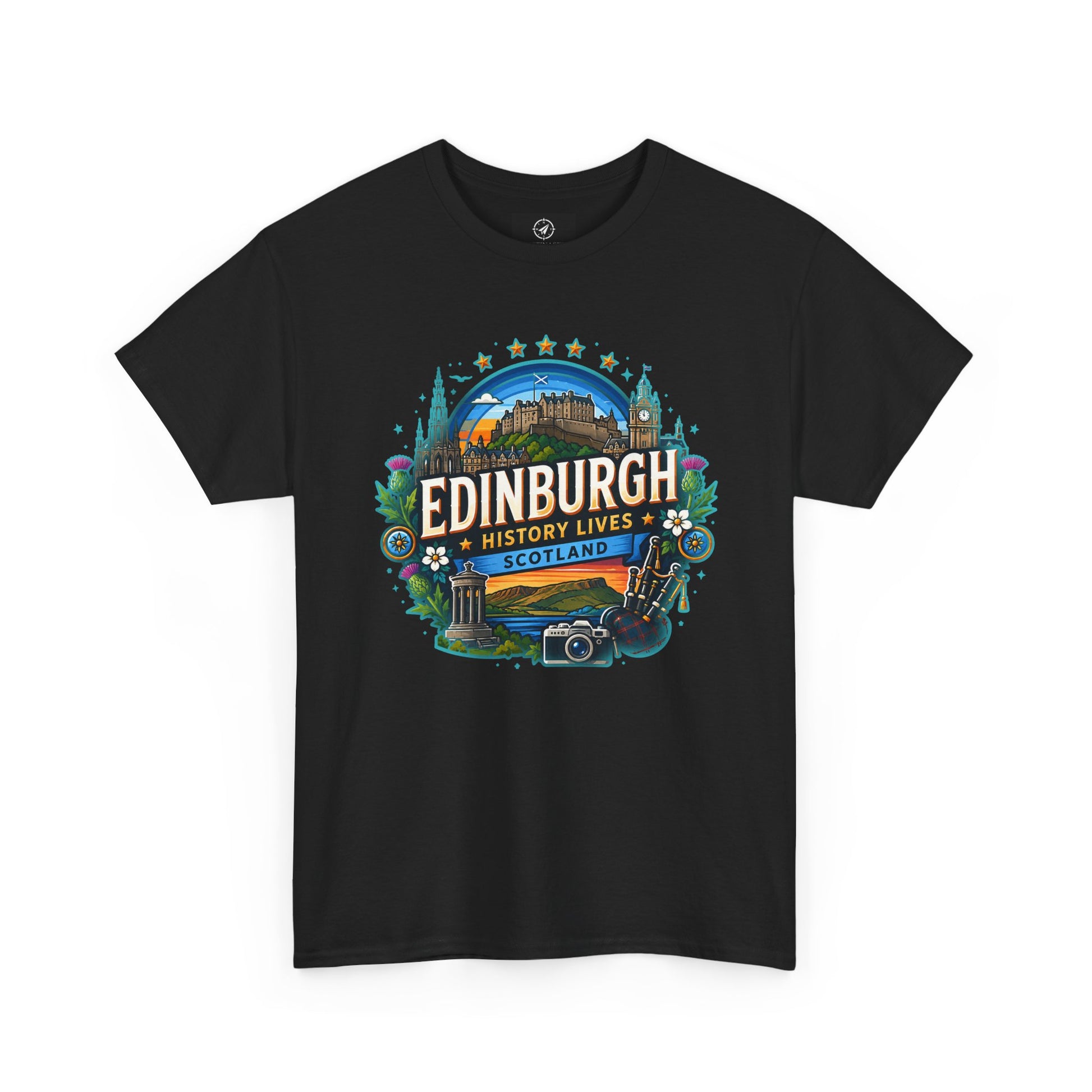 Black travel T-shirt with crew neck and colorful Edinburgh front graphic