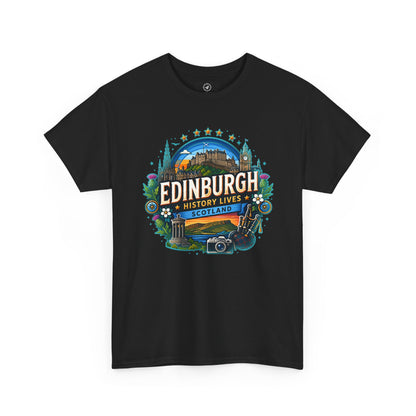 Black travel T-shirt with crew neck and colorful Edinburgh front graphic