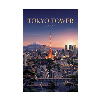 Rolled vertical poster of Tokyo Tower skyline at sunset, with “TOKYO TOWER” and “JAPAN”.