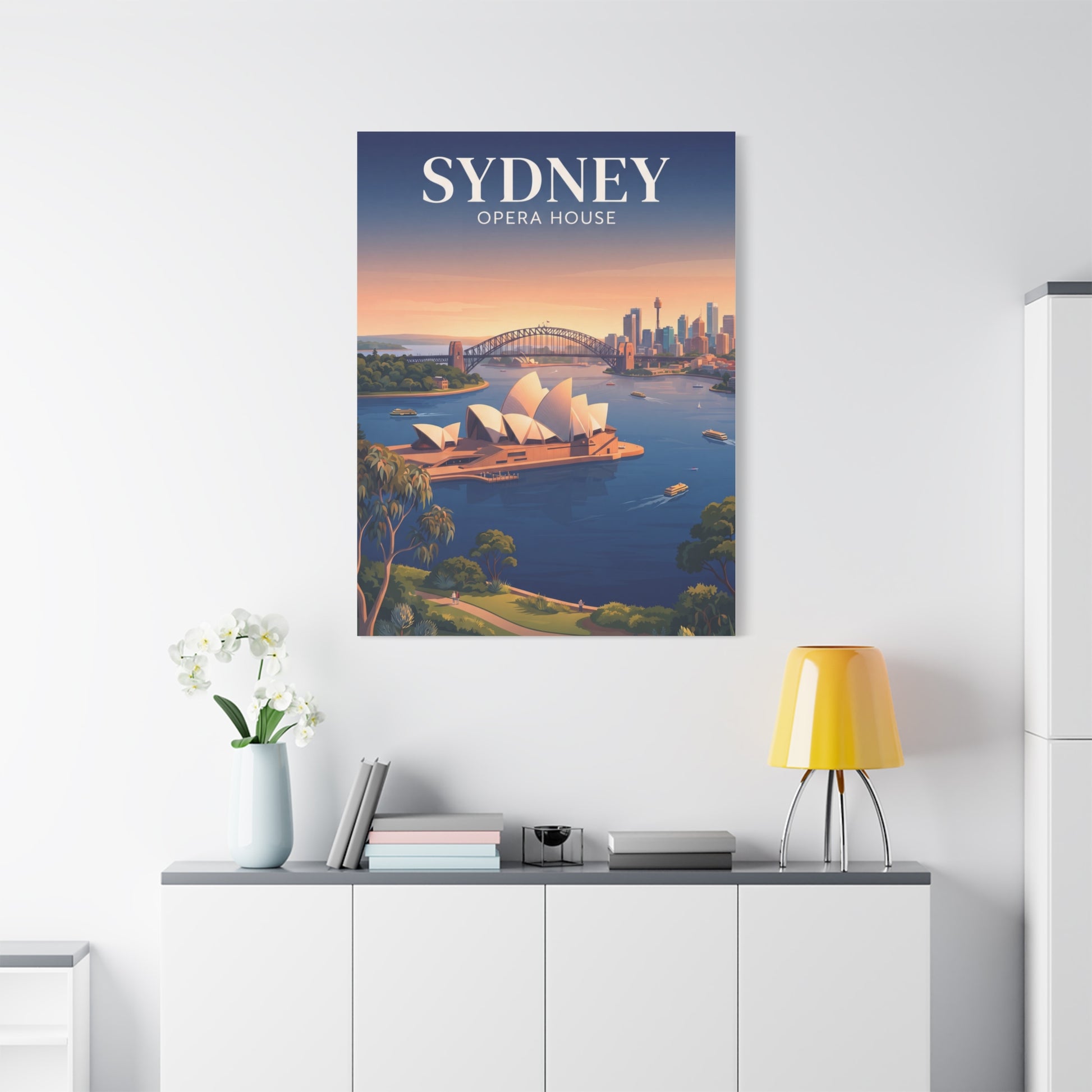 Sydney Opera House canvas wall art mounted on wall, sunset harbor scene.