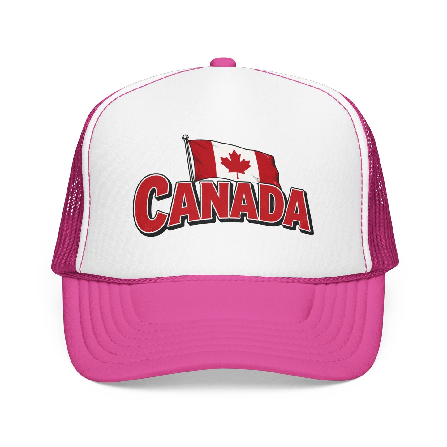 White and pink trucker hat with mesh sides and red “CANADA” front logo
