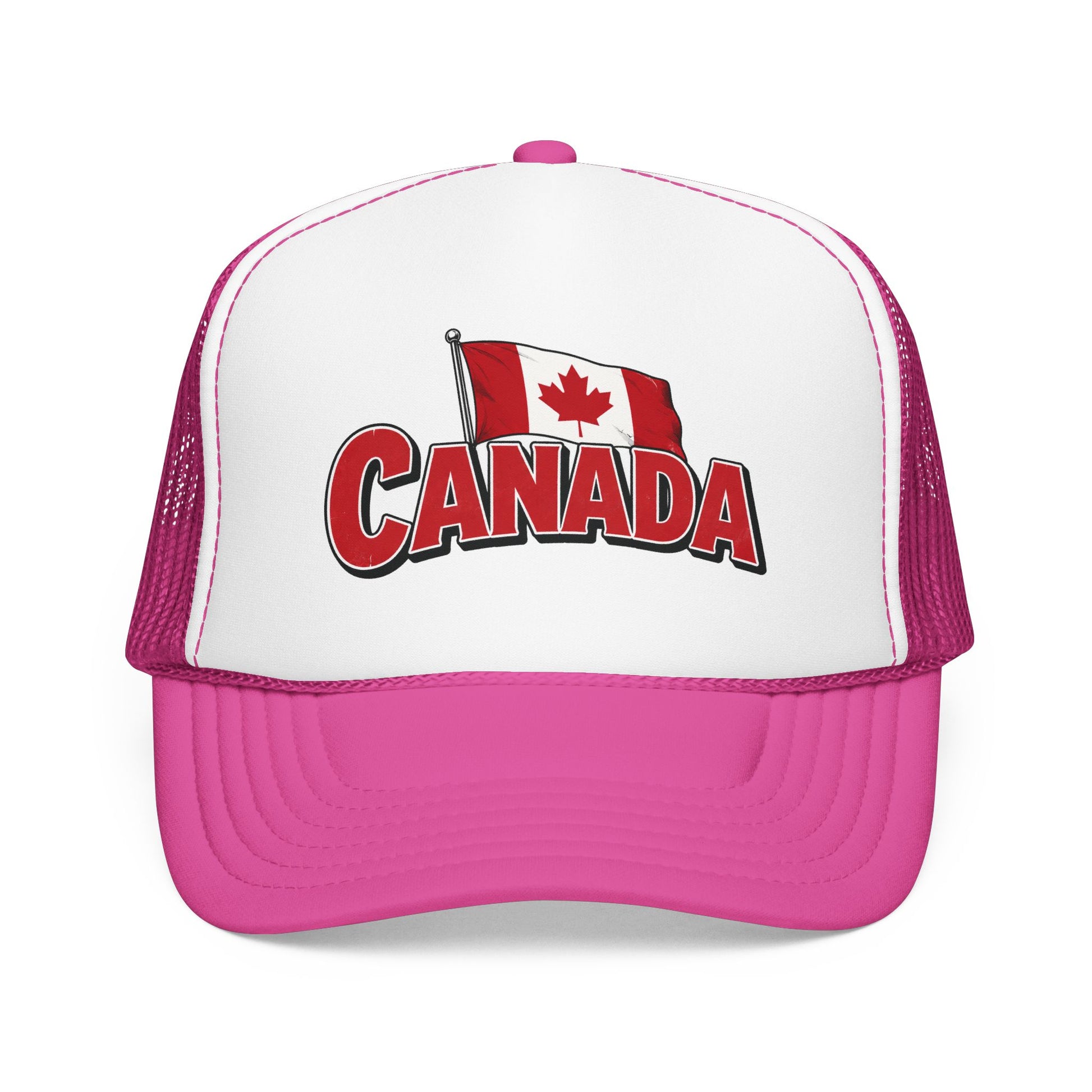 White and pink trucker hat with mesh sides and red “CANADA” front logo