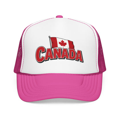 White and pink trucker hat with mesh sides and red “CANADA” front logo