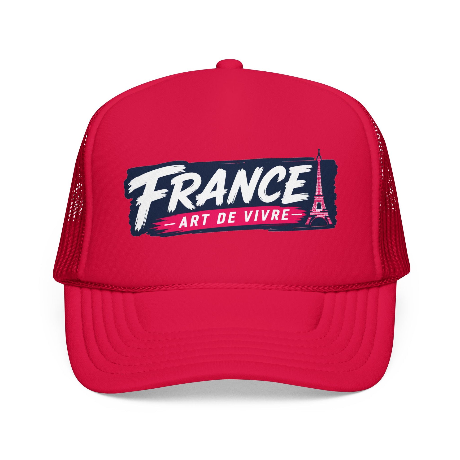 Trucker hat in red with 'FRANCE' graphic and red mesh sides