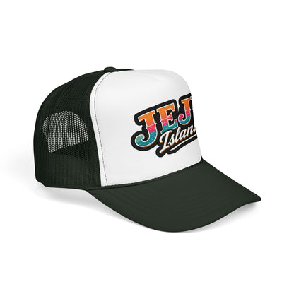 Dark green and white foam trucker hat with “JEJU Island” logo patch, curved brim