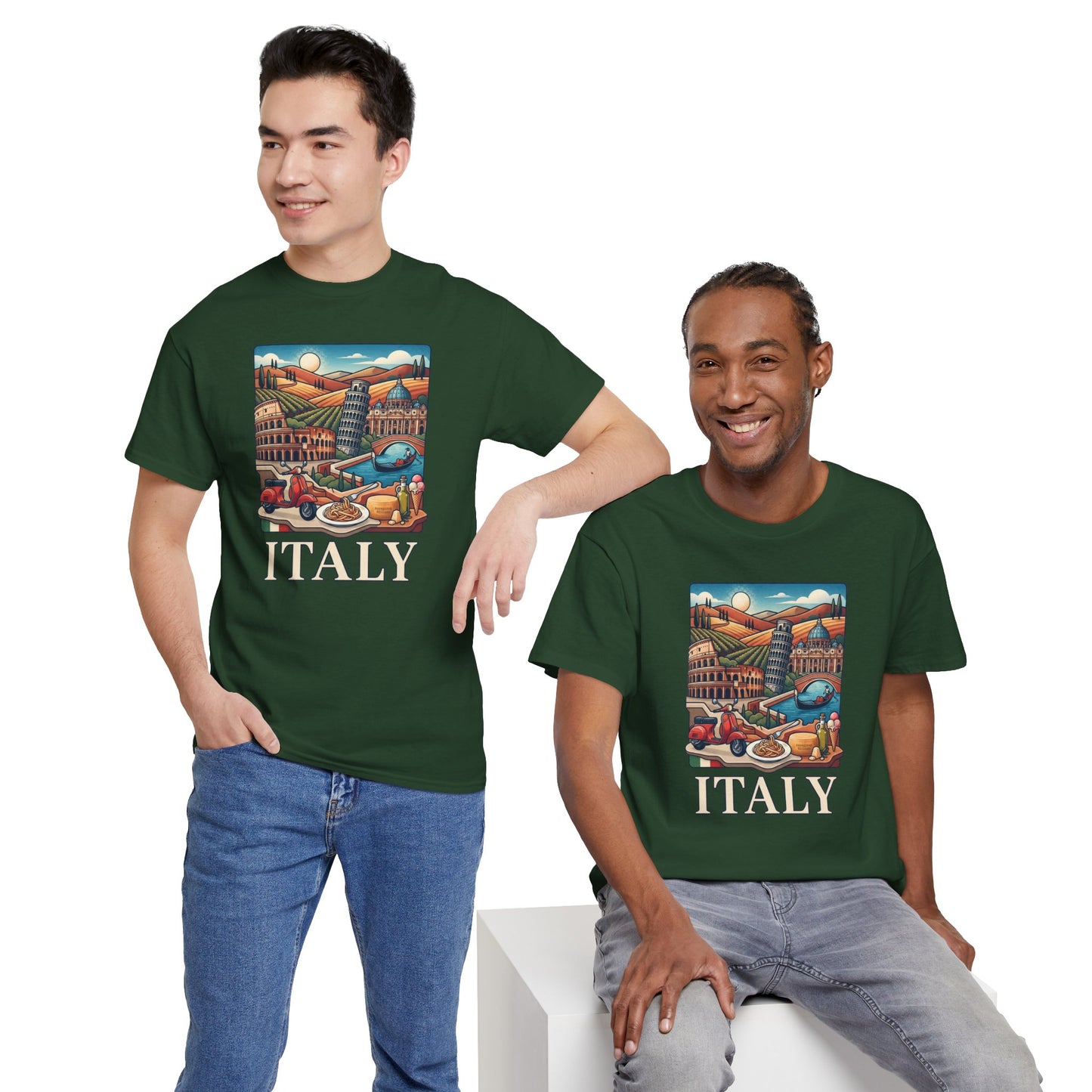 Dark green T-shirt with Italy scenic print and ITALY lettering on two models