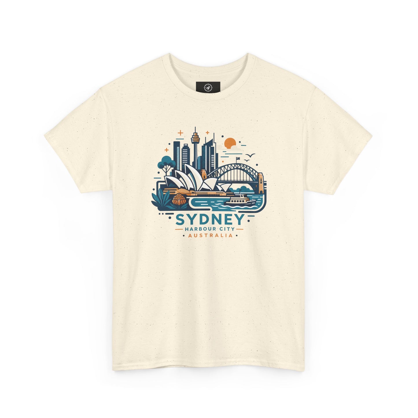 Natural cream Sydney harbor city graphic T-shirt, short-sleeve crew neck