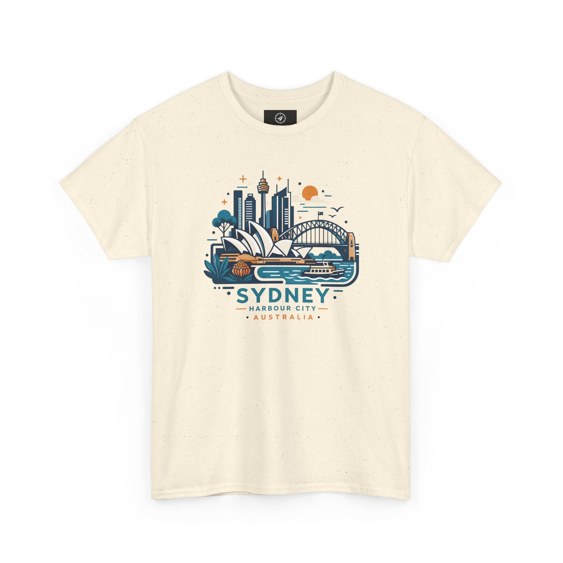 Natural cream Sydney harbor city graphic T-shirt, short-sleeve crew neck