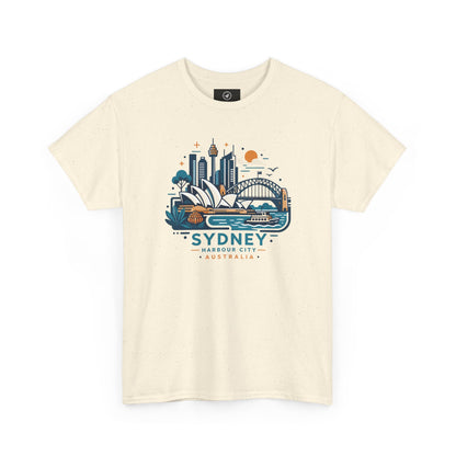 Natural cream Sydney harbor city graphic T-shirt, short-sleeve crew neck
