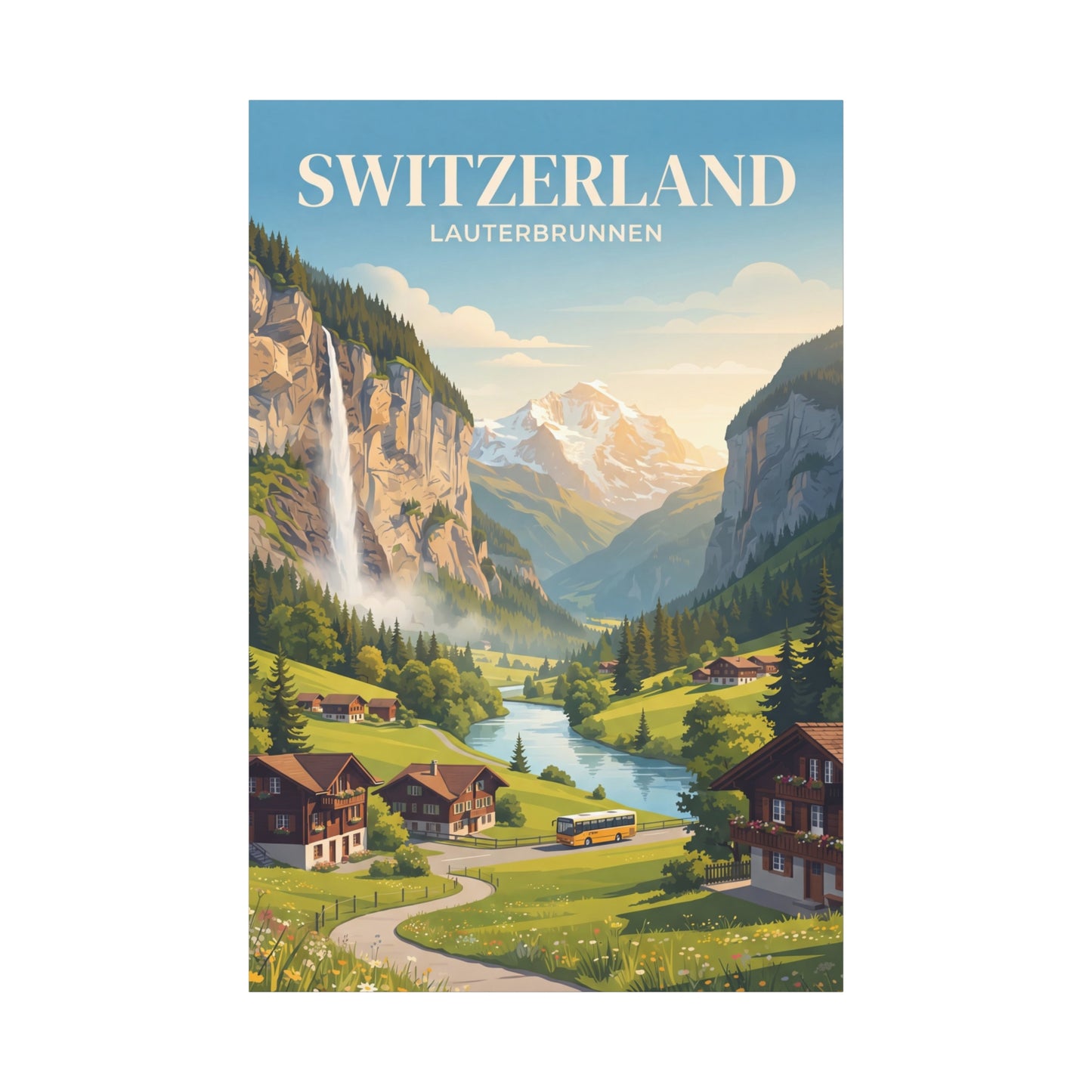 Switzerland Lauterbrunnen matte canvas wall art with waterfall cliffs and winding valley river