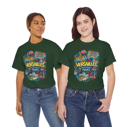 Forest green graphic t-shirt featuring colorful Versailles-style front illustration