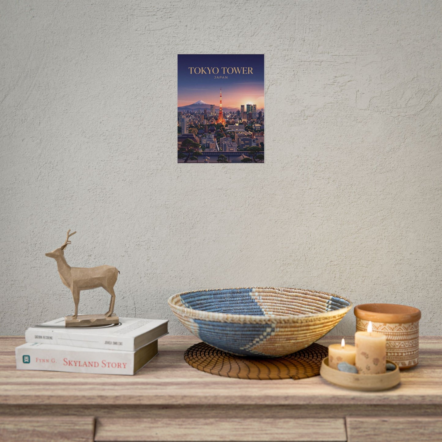 Tokyo Tower cityscape rolled poster on wall, glowing tower and dusk city skyline