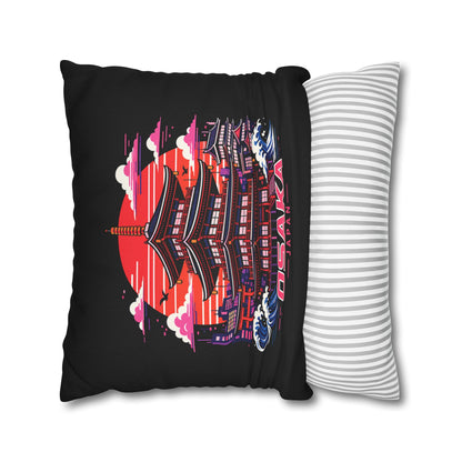 Decorative pillow cover set: black front with city graphic and striped white/gray back