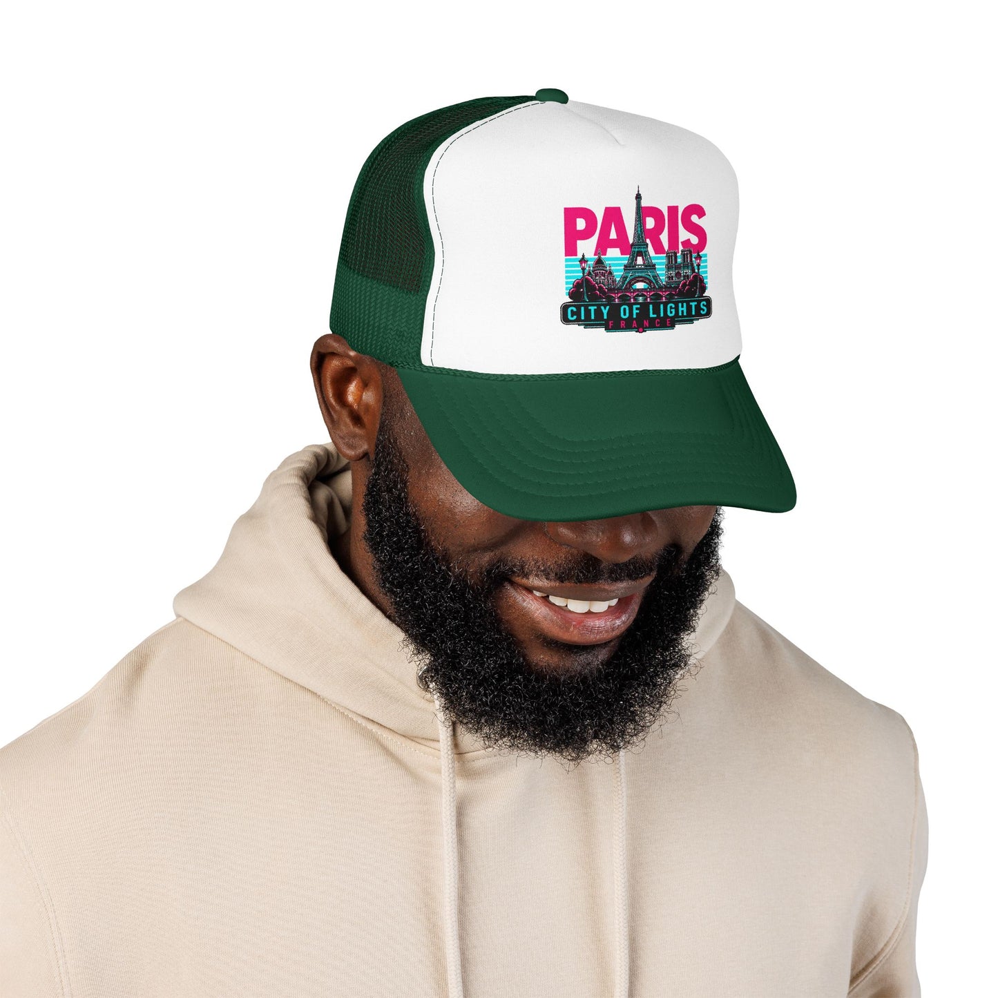 White-and-dark green trucker hat with “PARIS City of Lights” logo on the front panel