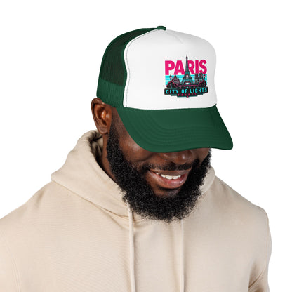 White-and-dark green trucker hat with “PARIS City of Lights” logo on the front panel