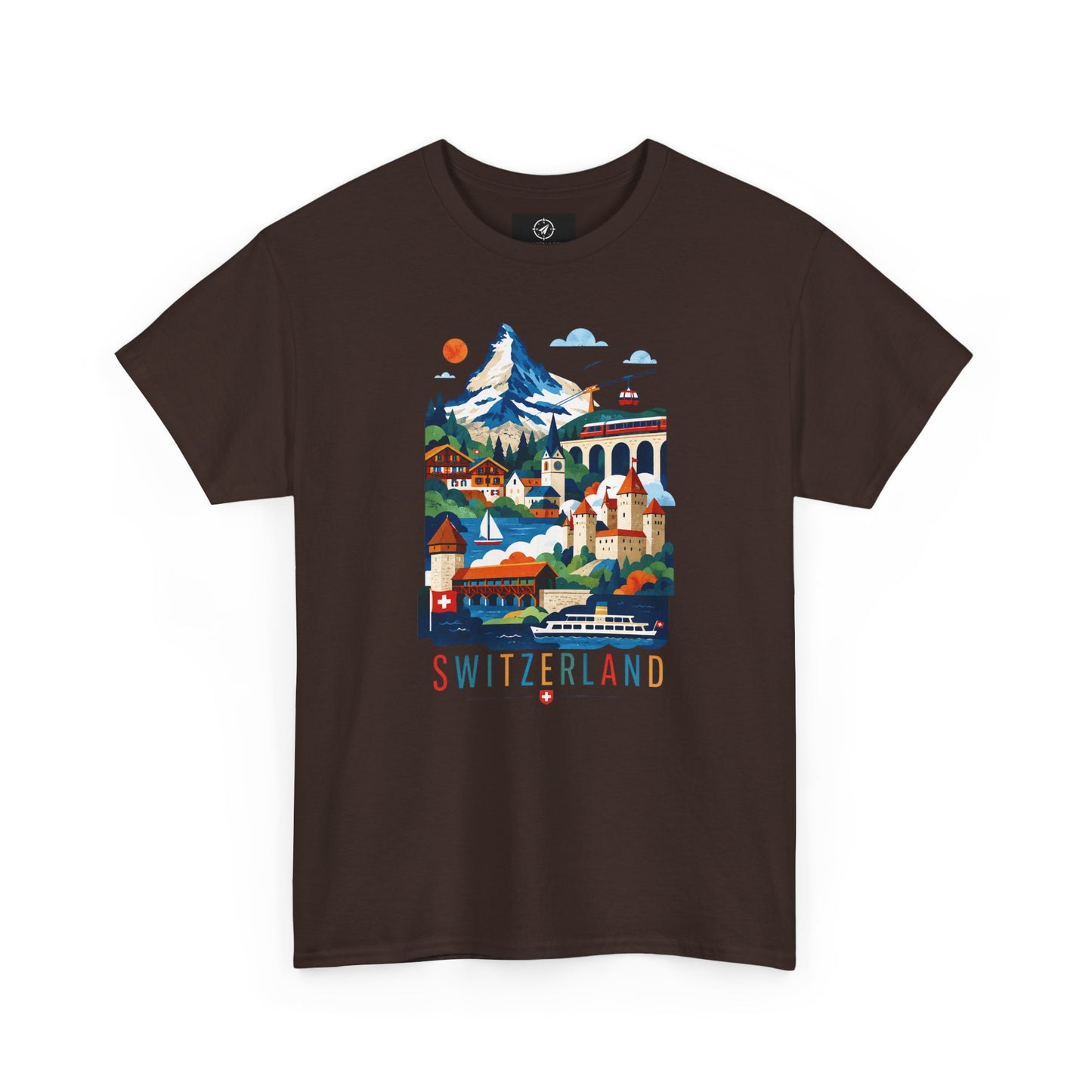 Charcoal short-sleeve T-shirt with colorful Switzerland village graphic on front