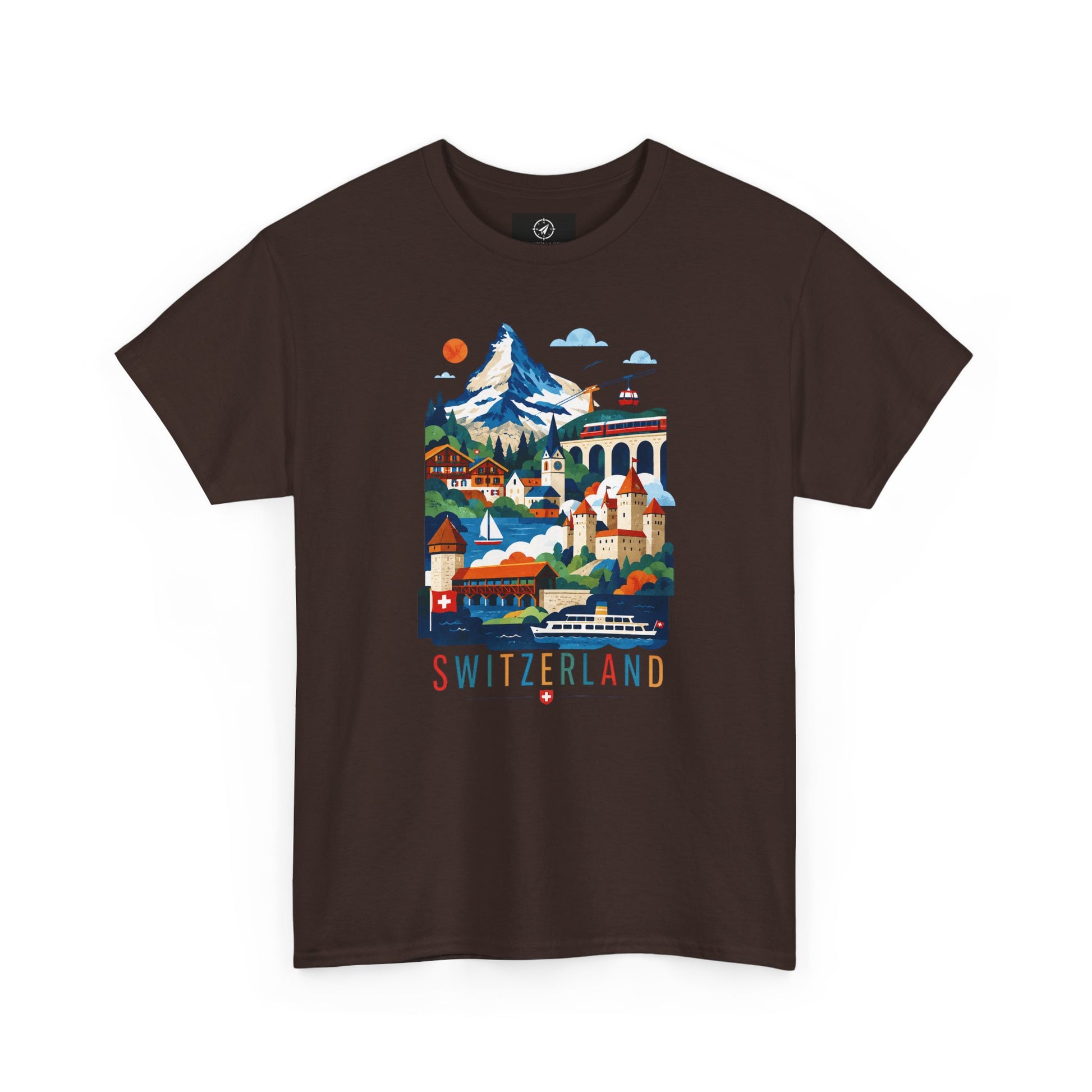 Charcoal short-sleeve T-shirt with colorful Switzerland village graphic on front