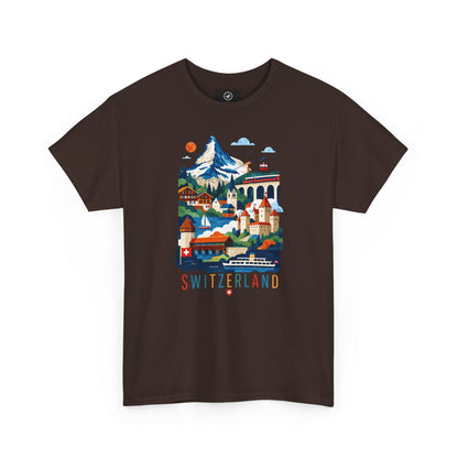 Charcoal short-sleeve T-shirt with colorful Switzerland village graphic on front
