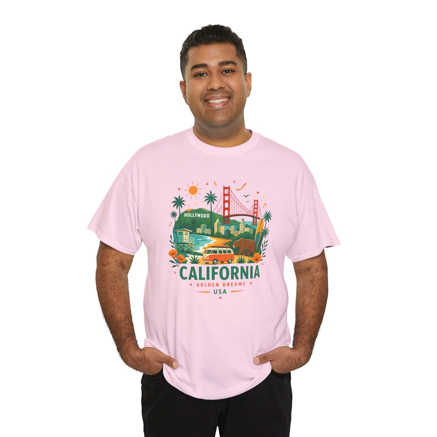 Light pink T-shirt on model with front California skyline graphic and text
