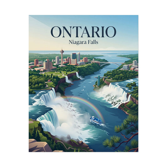 Ontario Niagara Falls rolled poster with waterfall, river, and city skyline illustration
