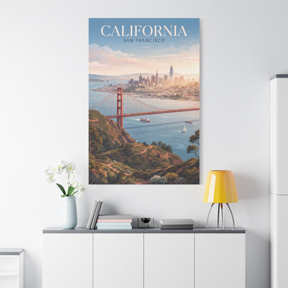 Vertical canvas wall art with Golden Gate Bridge and San Francisco skyline above console