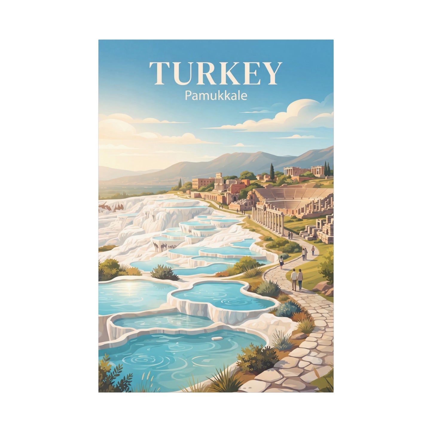 Vertical matte canvas wall art with Turkey Pamukkale title, pools, and stone terraces.