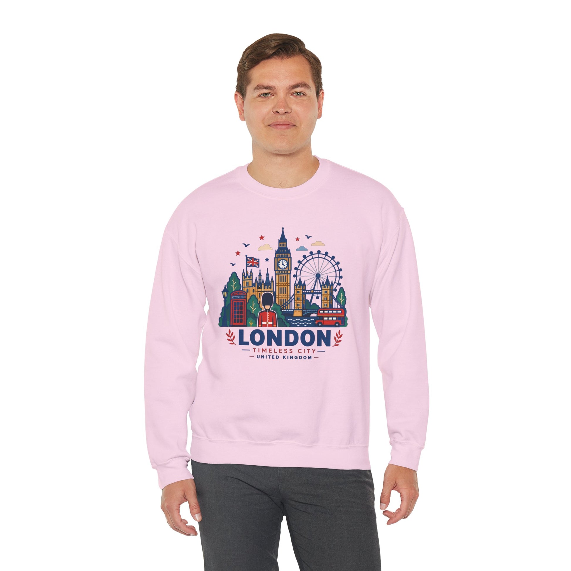 Light pink crewneck sweatshirt with colorful London skyline graphic on front