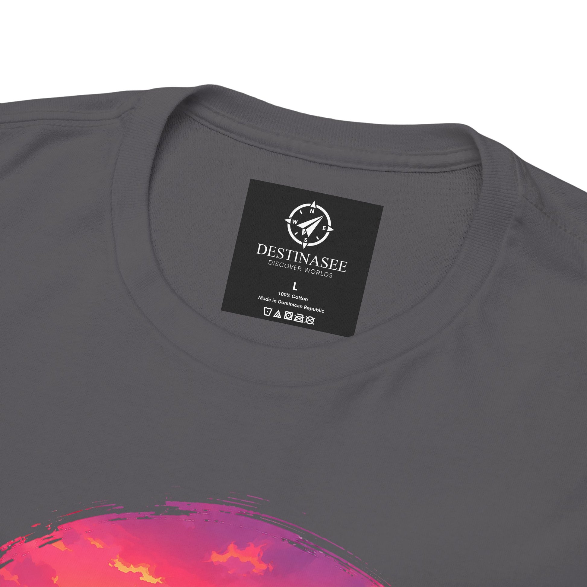 Charcoal T-shirt close-up of neck label and partial sunset graphic