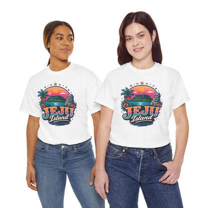 White crewneck T-shirt with colorful Jeju Island sunset graphic front