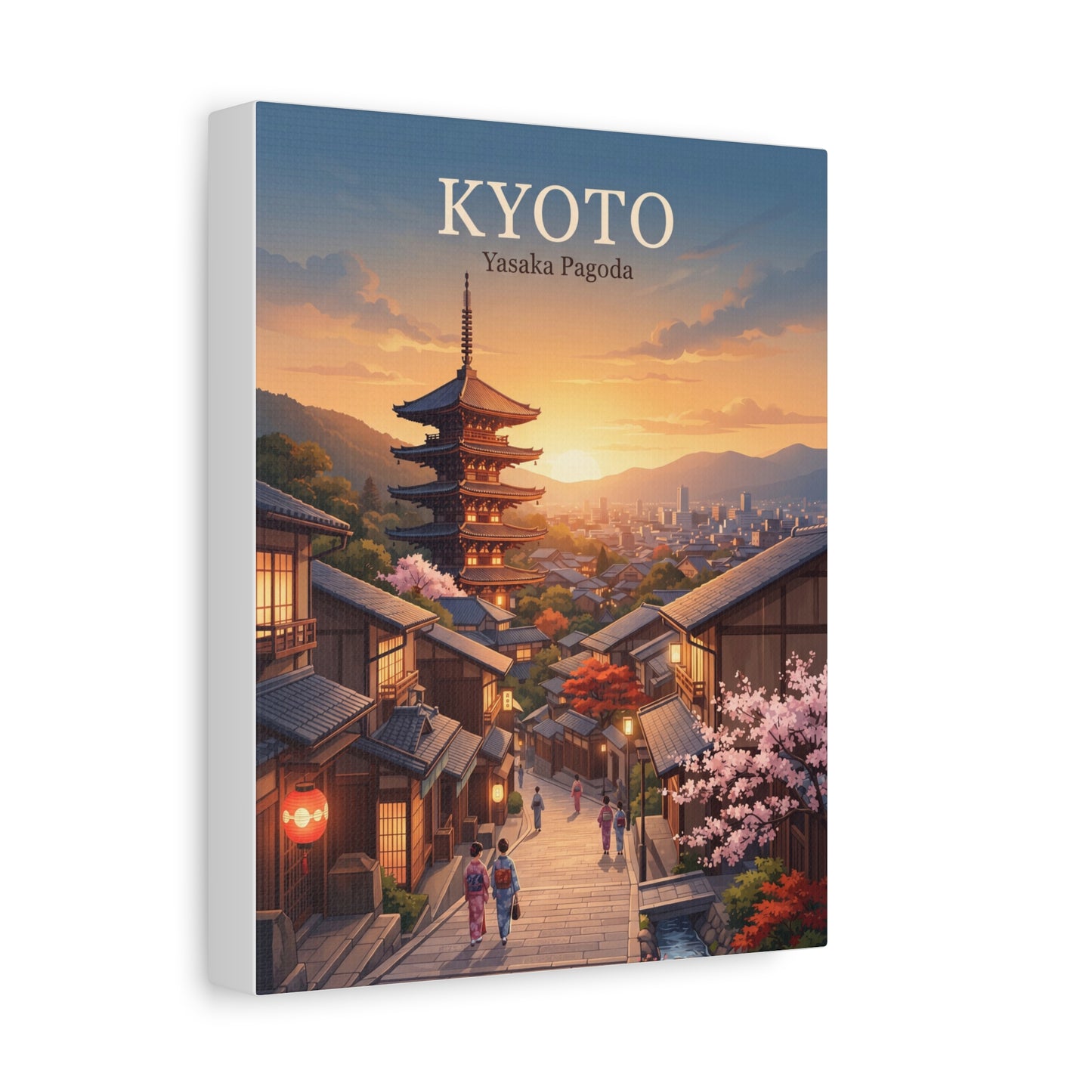 Angled matte canvas print of Kyoto street with Yasaka Pagoda at sunset