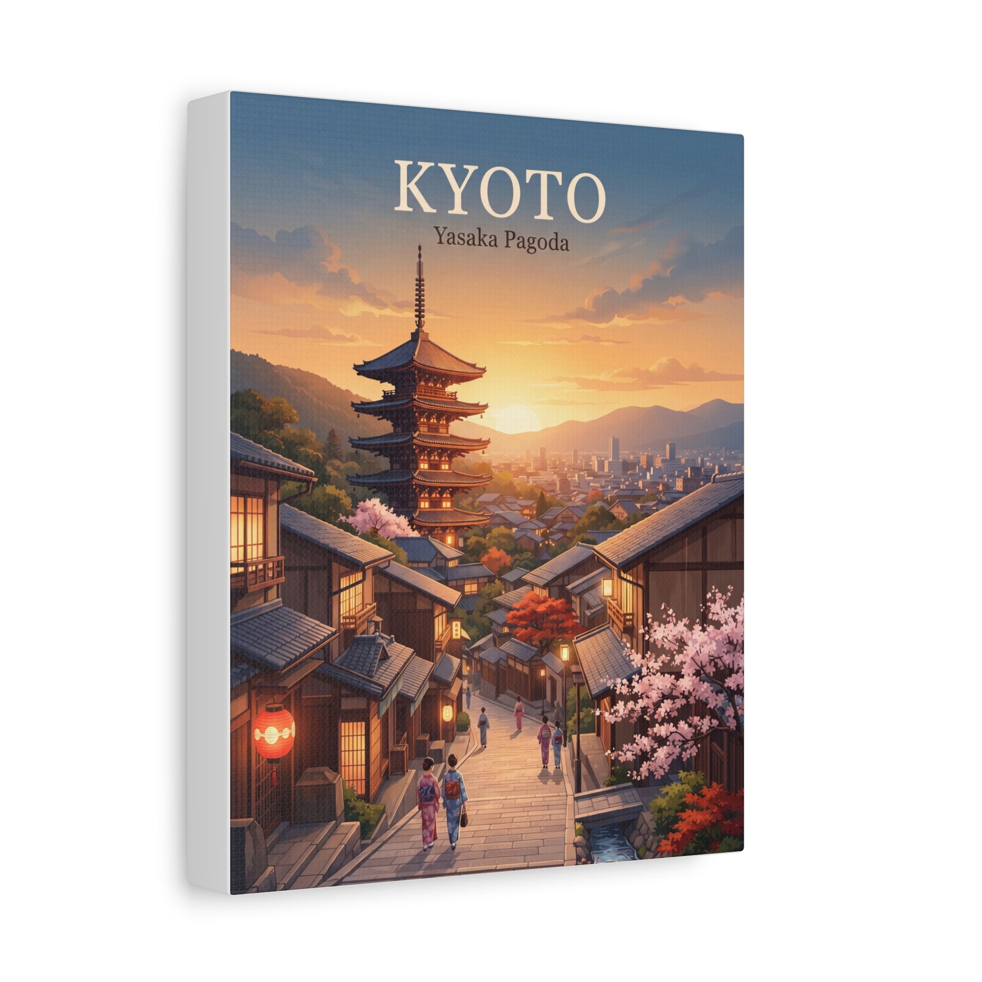 Angled matte canvas print of Kyoto street with Yasaka Pagoda at sunset