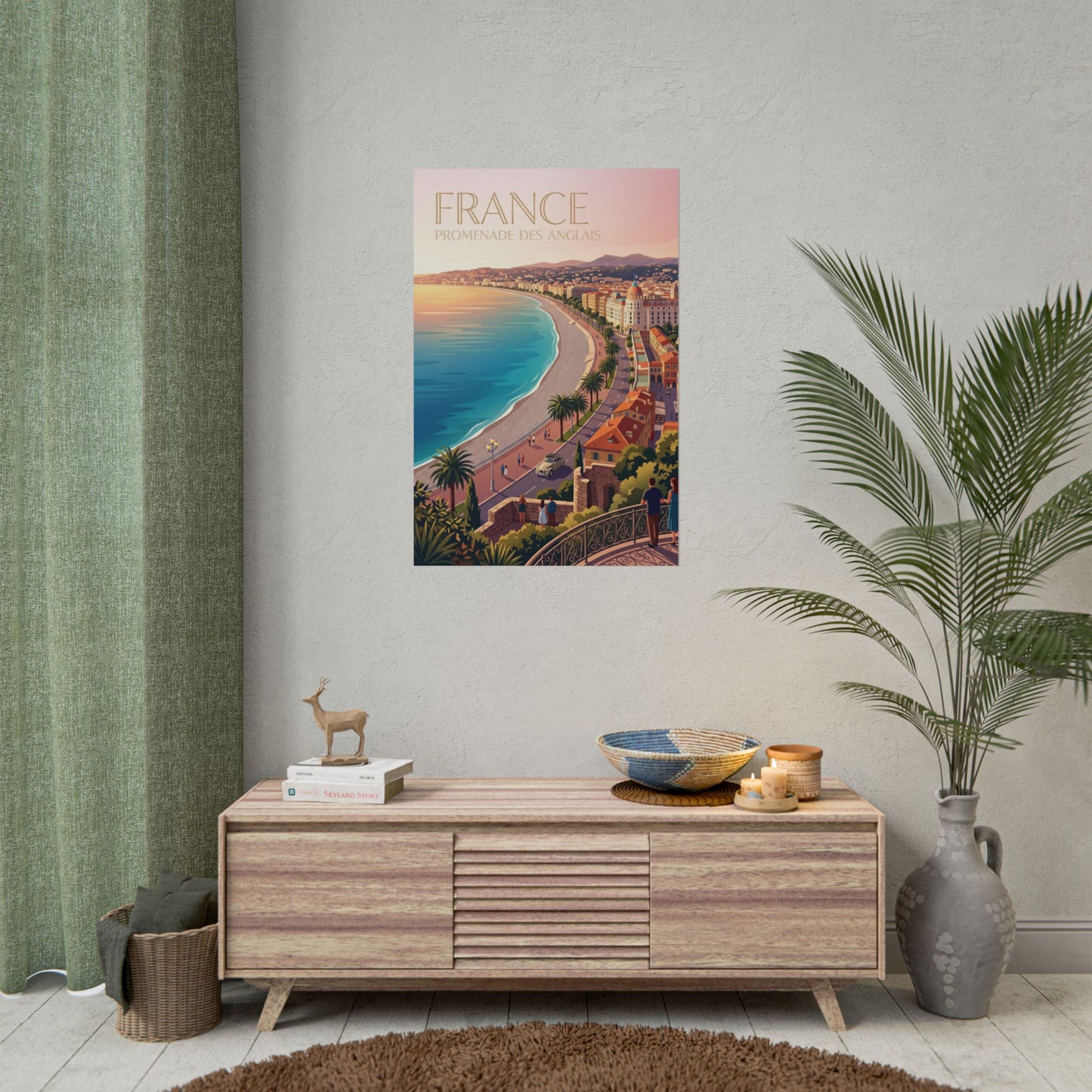 Small France promenade poster showing coastal beach cityscape and title text