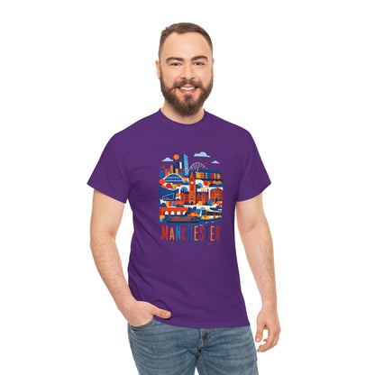 Purple Manchester skyline T-shirt with front city graphic and “MANCHESTER” text