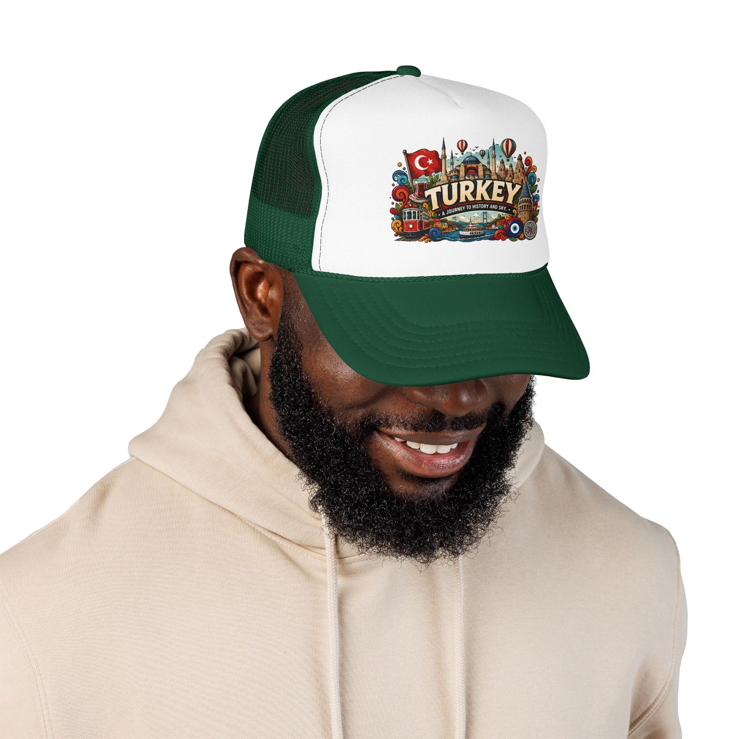 Dark green and white trucker hat worn on a person, front Turkey emblem patch visible