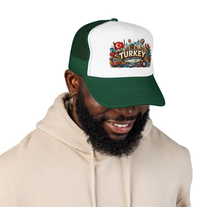 Dark green and white trucker hat worn on a person, front Turkey emblem patch visible