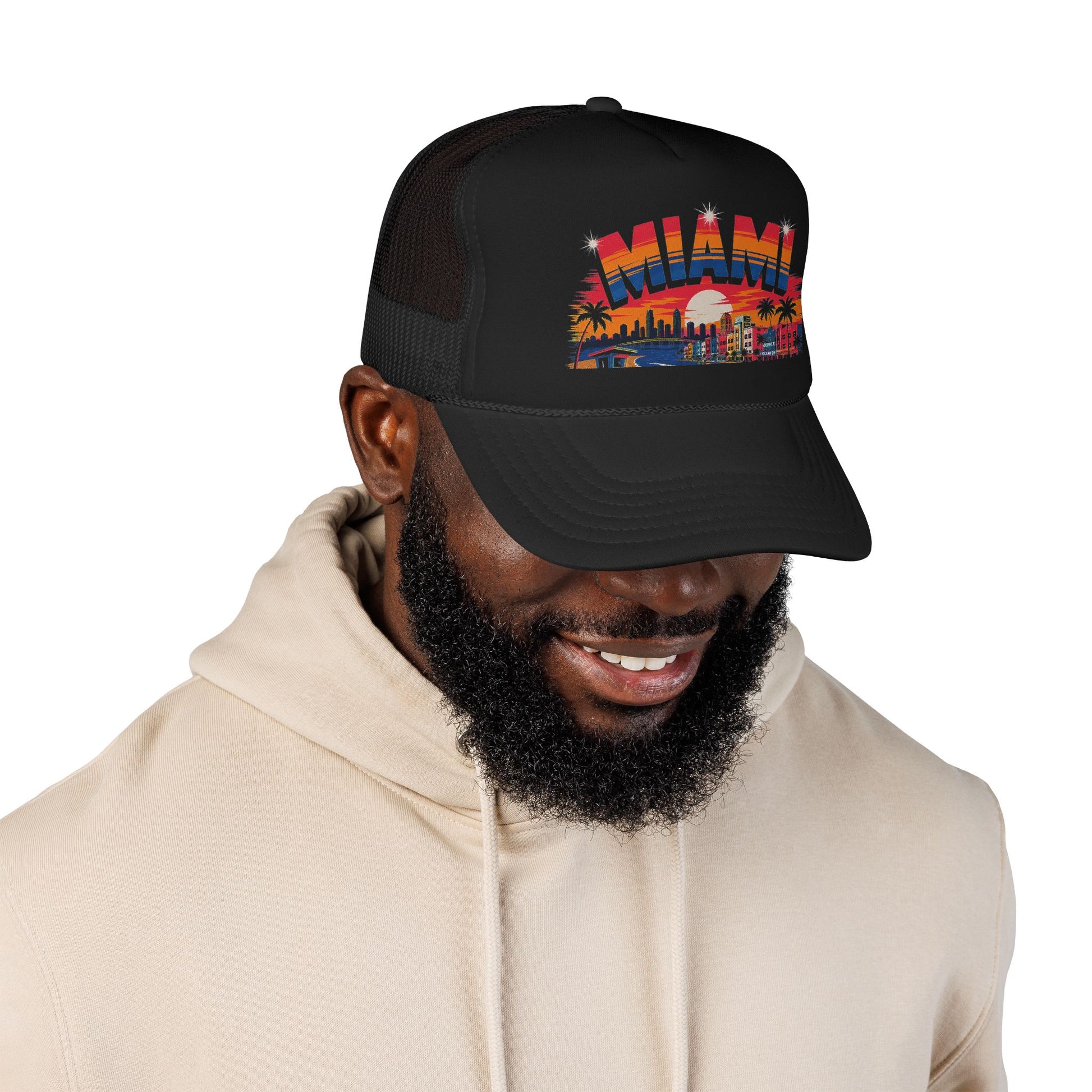 Black trucker hat on model, Miami sunset skyline front graphic visible