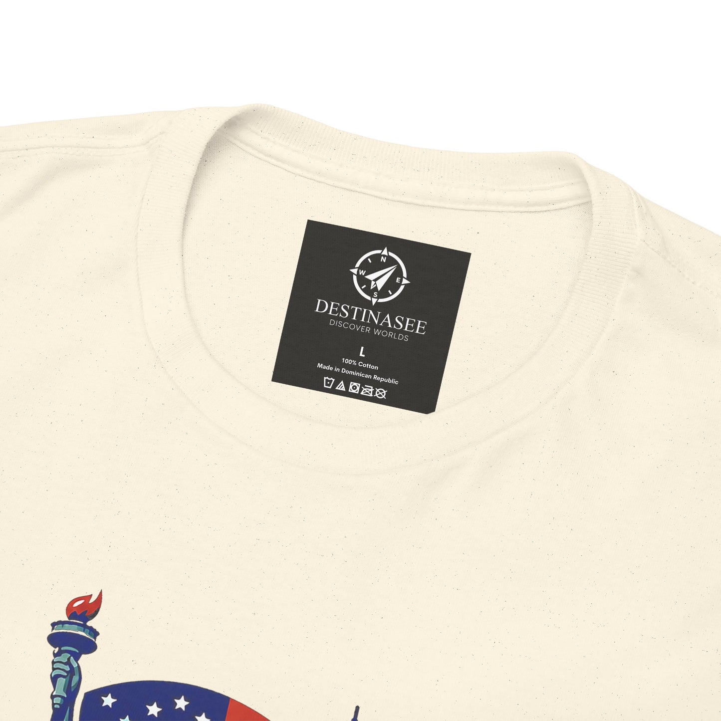 Natural crew-neck T-shirt close-up with neck label and partial graphic print