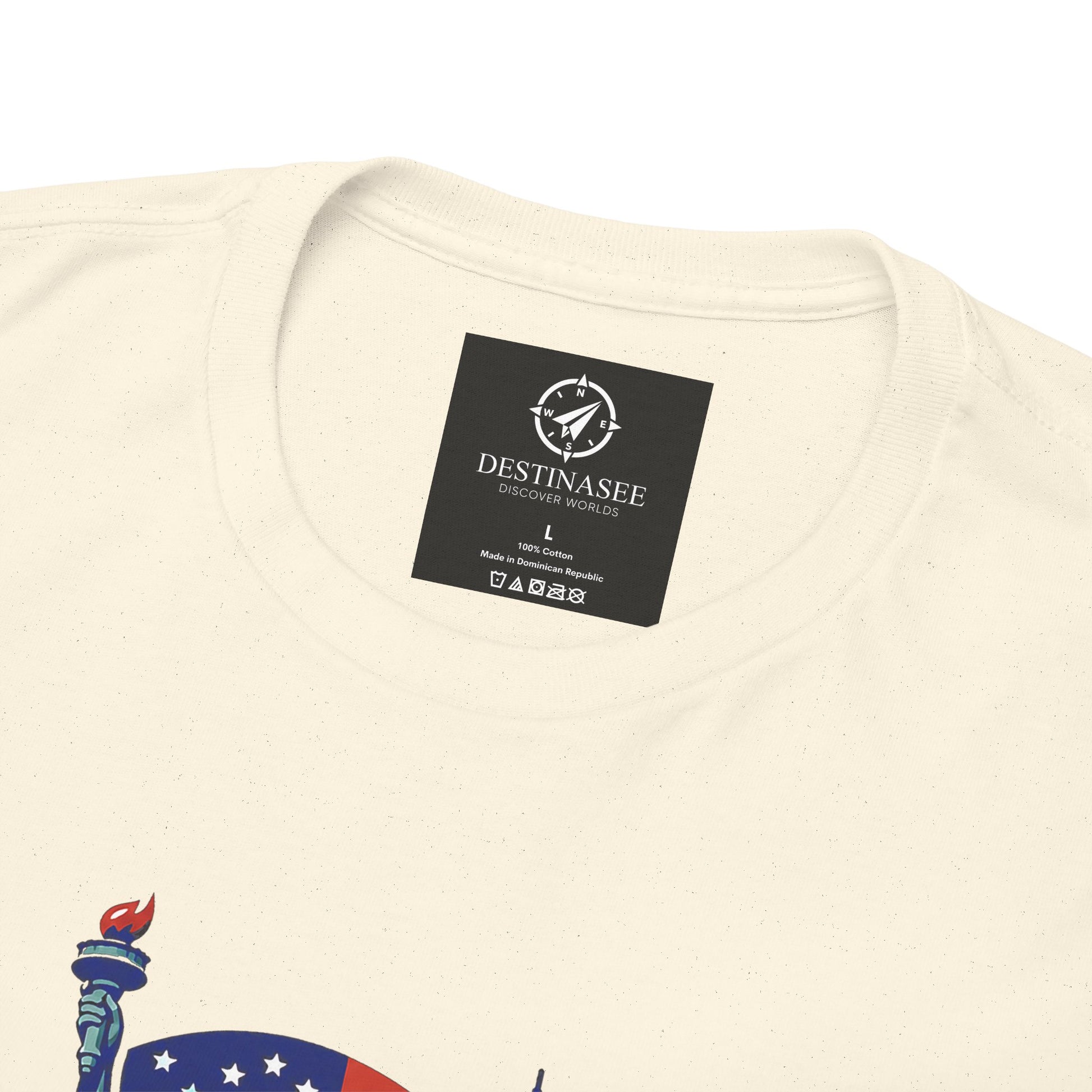 Natural crew-neck T-shirt close-up with neck label and partial graphic print