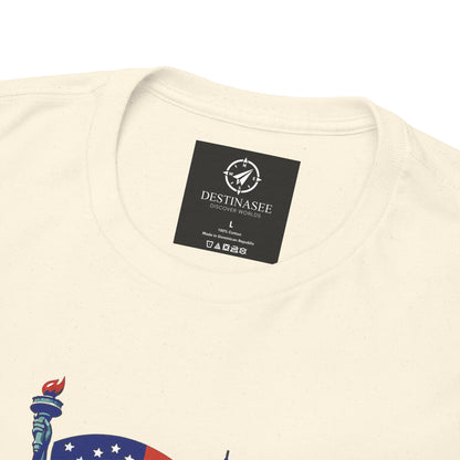 Natural crew-neck T-shirt close-up with neck label and partial graphic print