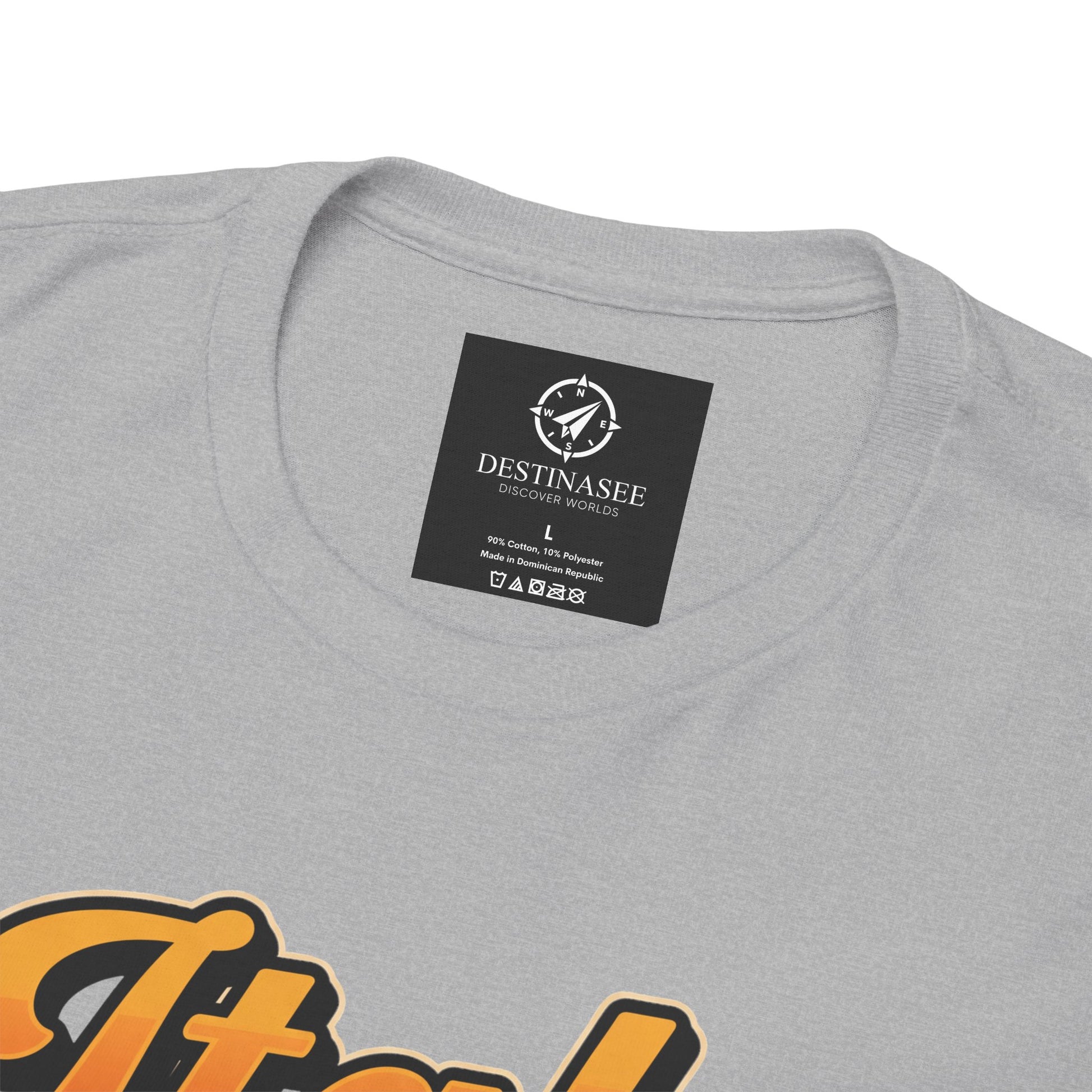 Heather gray T-shirt neckline with inner neck label and visible stitching close-up