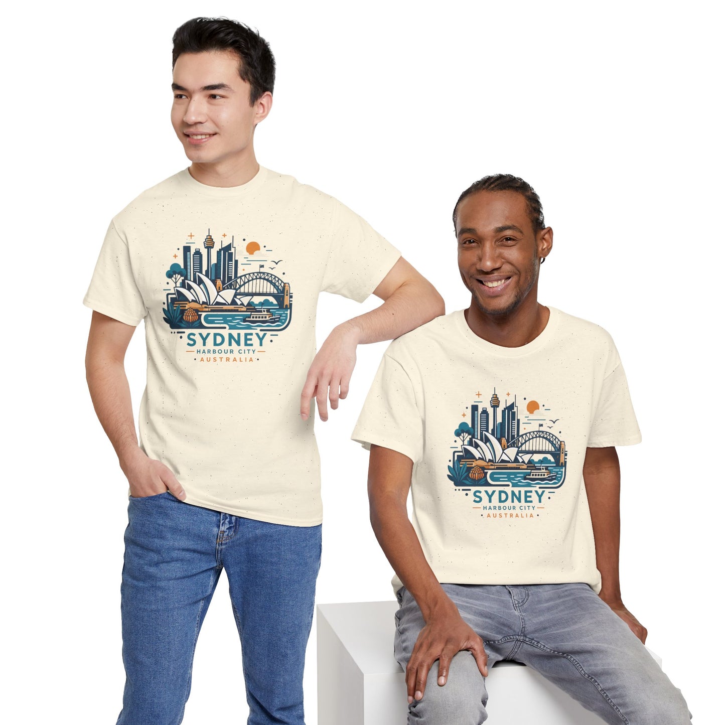 Natural T-shirt front with Sydney skyline graphic and Australia text