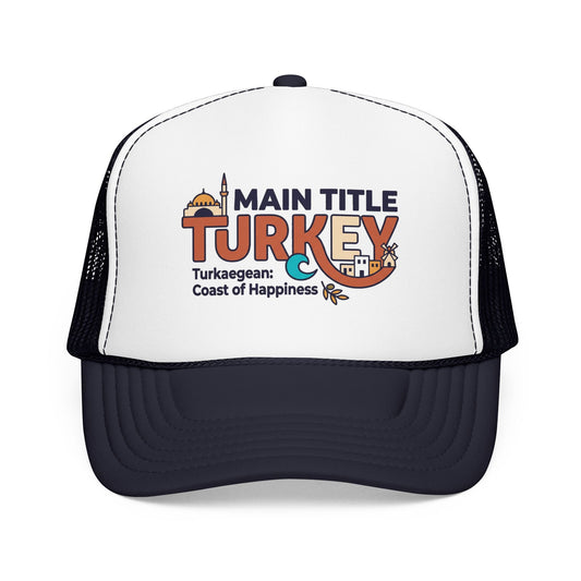 White and dark navy foam trucker hat with front Turkey logo, black mesh sides.