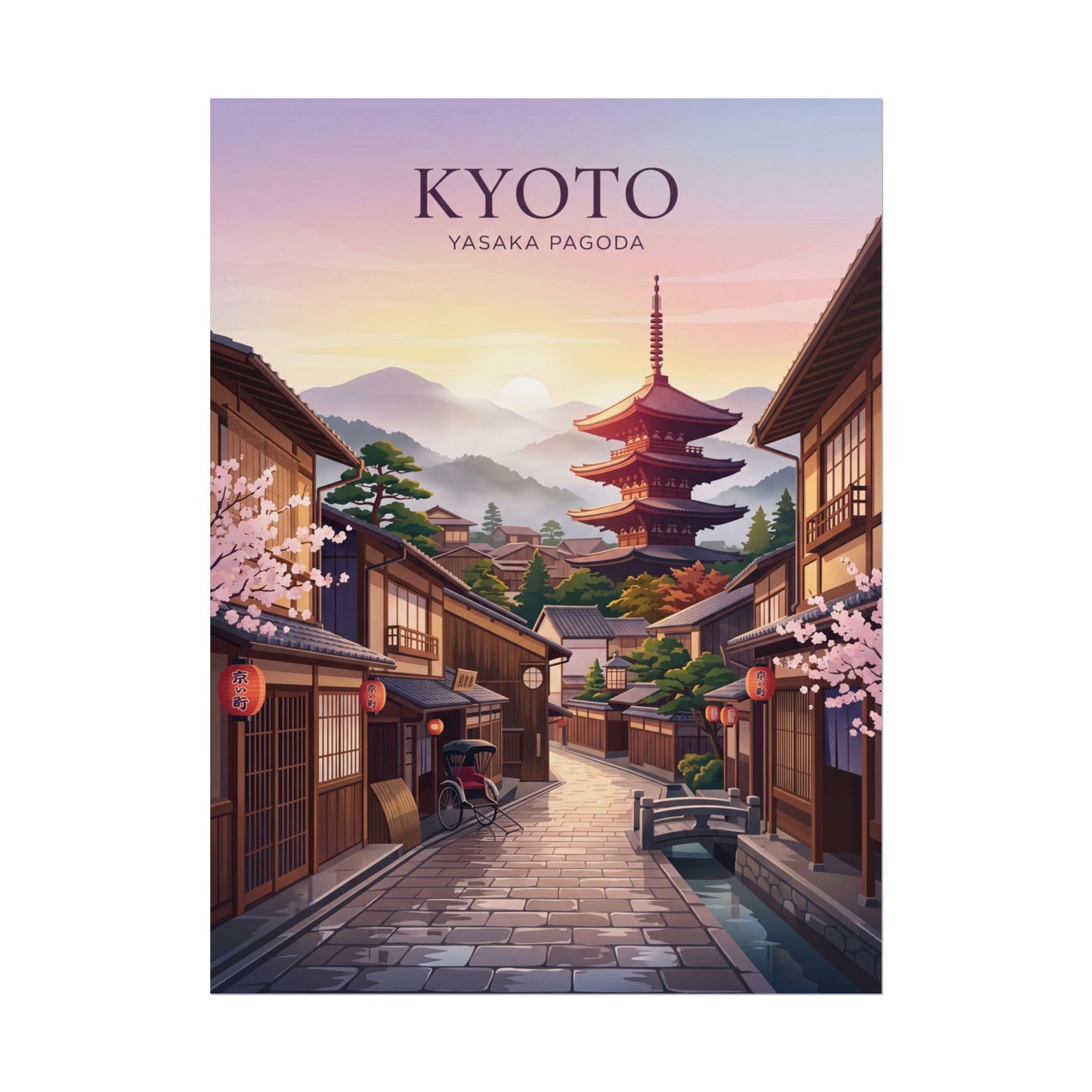 Rolled poster showing Kyoto lane with red pagoda tower, mountains, and sunrise sky