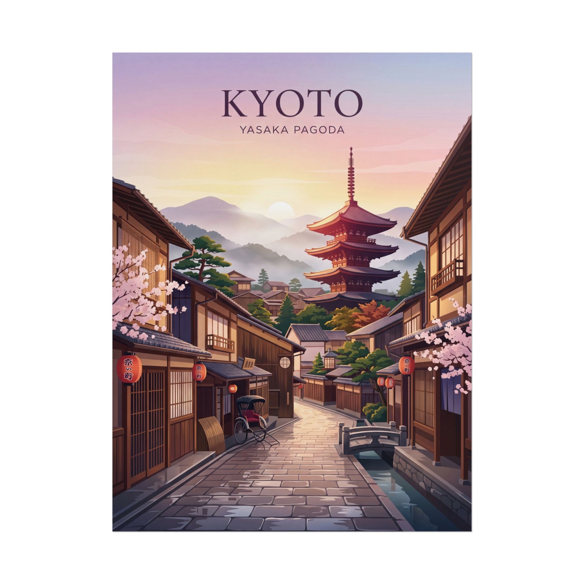 Rolled poster showing Kyoto lane with red pagoda tower, mountains, and sunrise sky