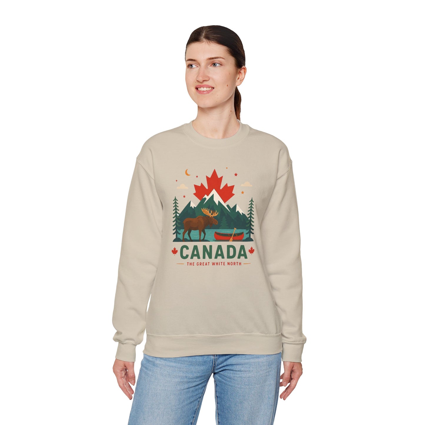 Sand-colored Canada moose and canoe sweatshirt with colorful mountain graphic and "Canada" text